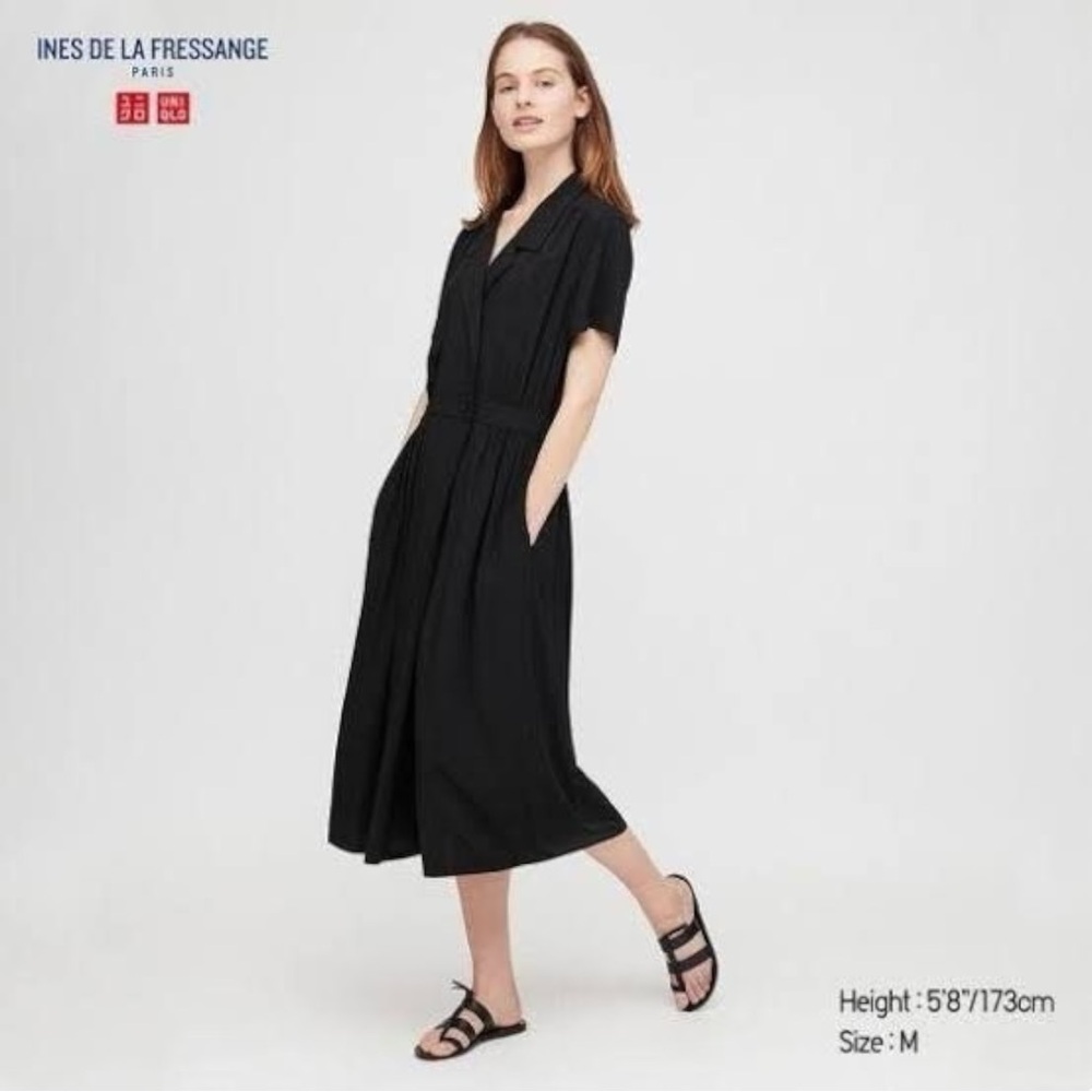 NWT Ines De La Fressange Uniqlo Black V-Neck Short Sleeve Lightweight Midi Dress